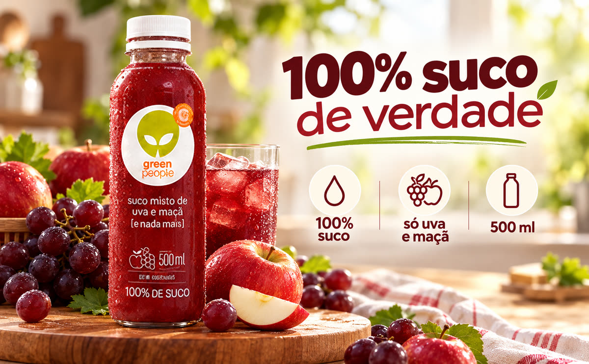 Banner horizontal do suco com o título e três benefícios: 100% suco, só uva e maçã, 500 ml