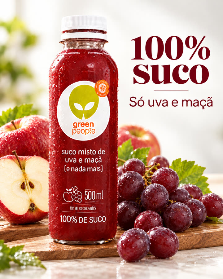 O suco com o título 100% suco, só uva e maçã