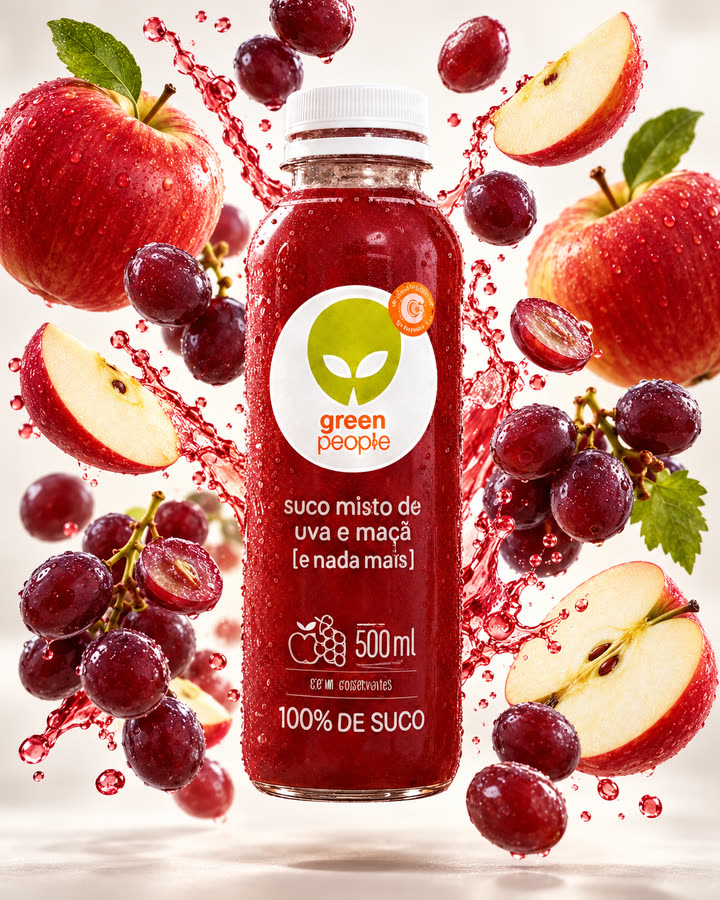 Garrafa de suco com uvas e maçãs flutuando em volta