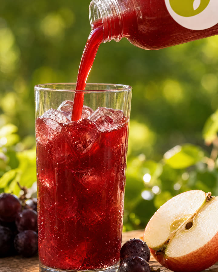 Suco sendo servido num copo com gelo