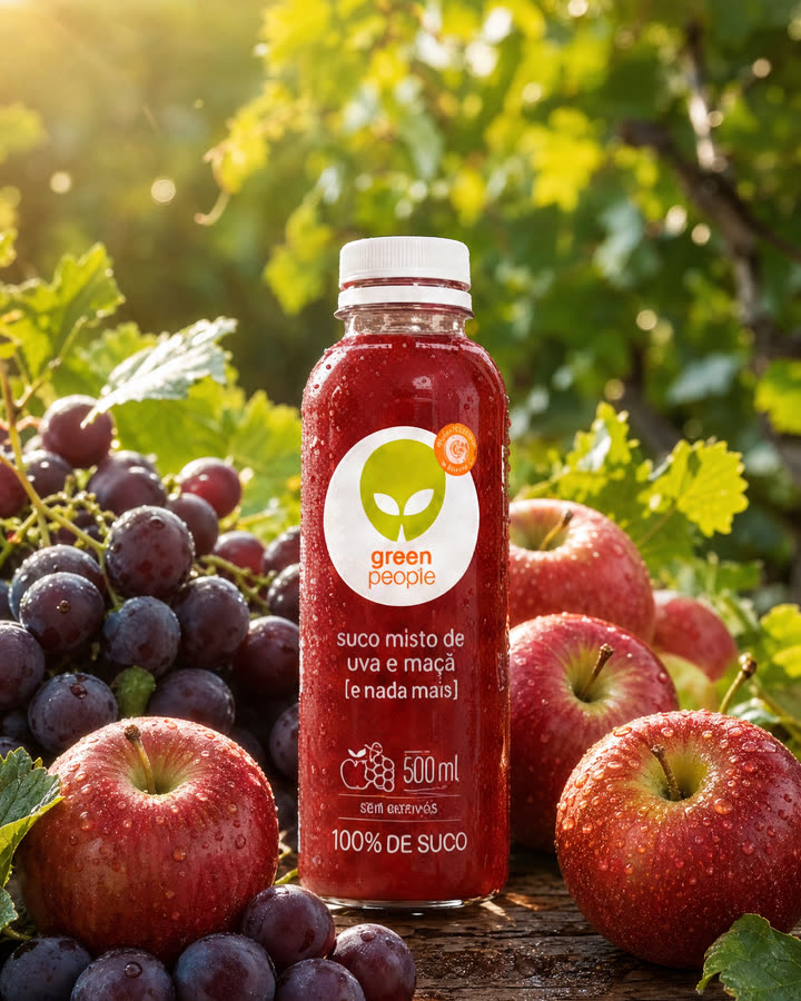 Garrafa de suco ao ar livre entre uvas e maçãs