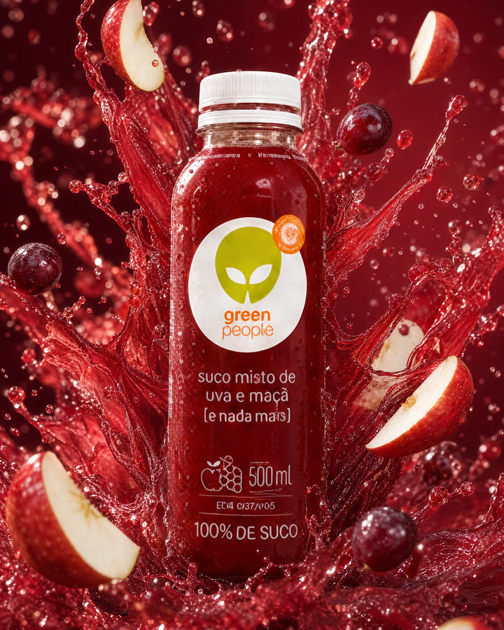 Garrafa de suco em foto publicitária com respingos