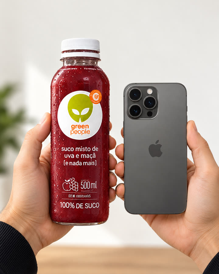 Garrafa de suco na mão ao lado de um celular
