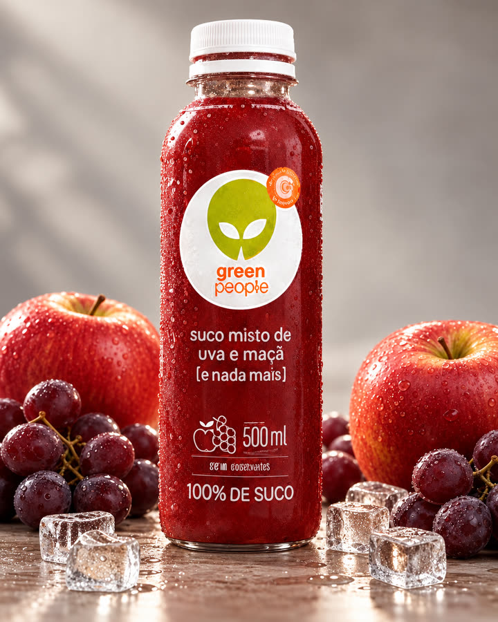 Garrafa de suco em foto de estúdio com maçãs e uvas